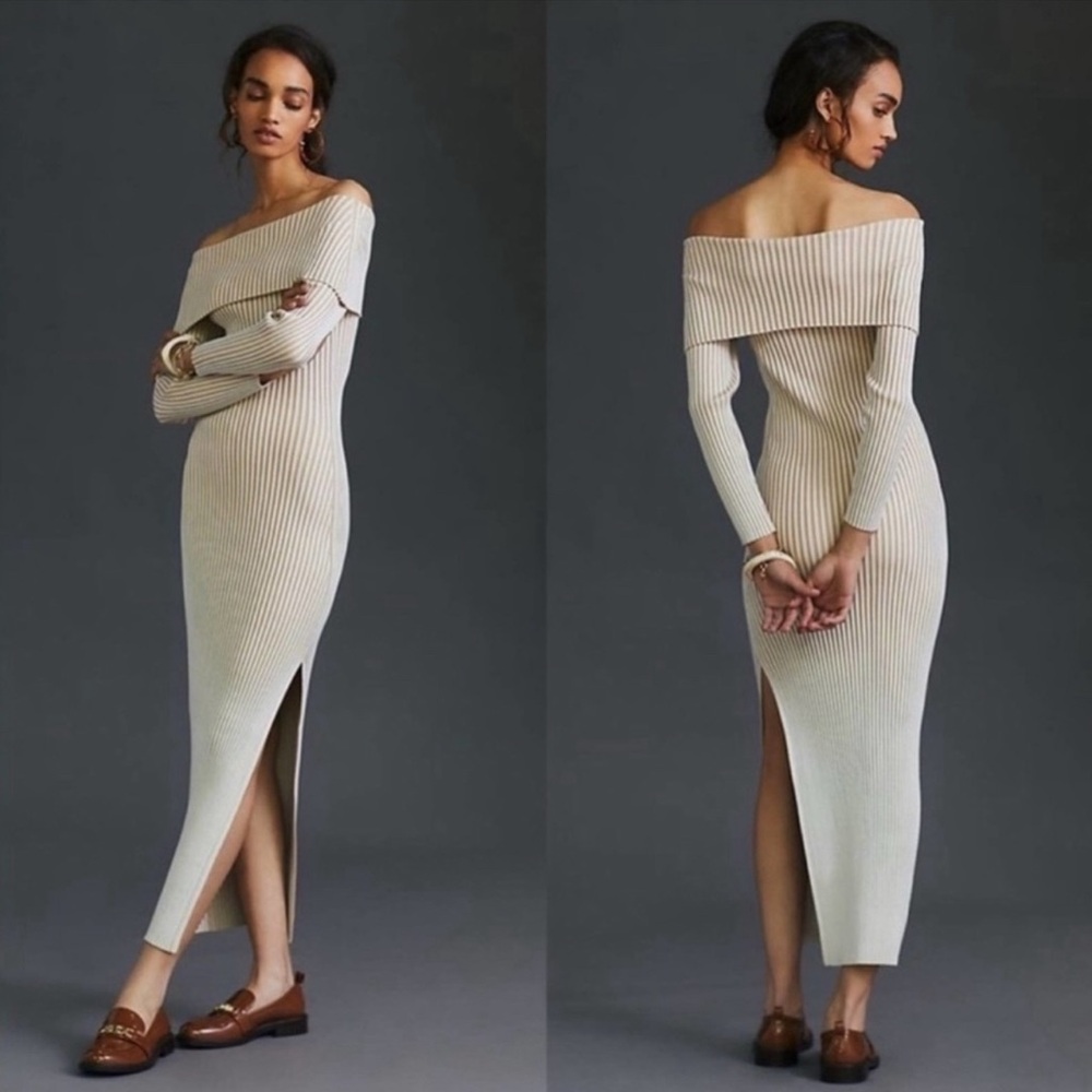 Anthropologie Ribbed Off Shoulder Sweater Dress in Cream